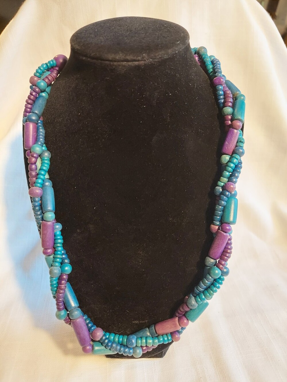 Vintage Boho Ethnic Purple Teal Navy Purple Wooden Bead Multi Strand Necklace